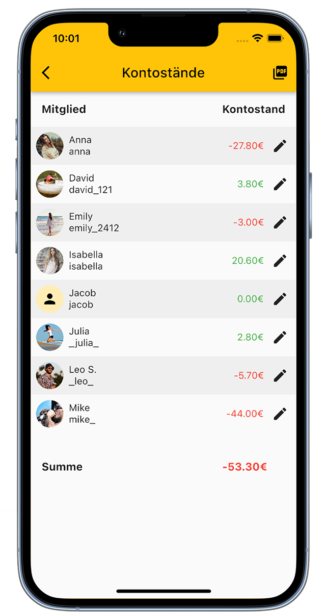 Kontostände Getränkeliste App