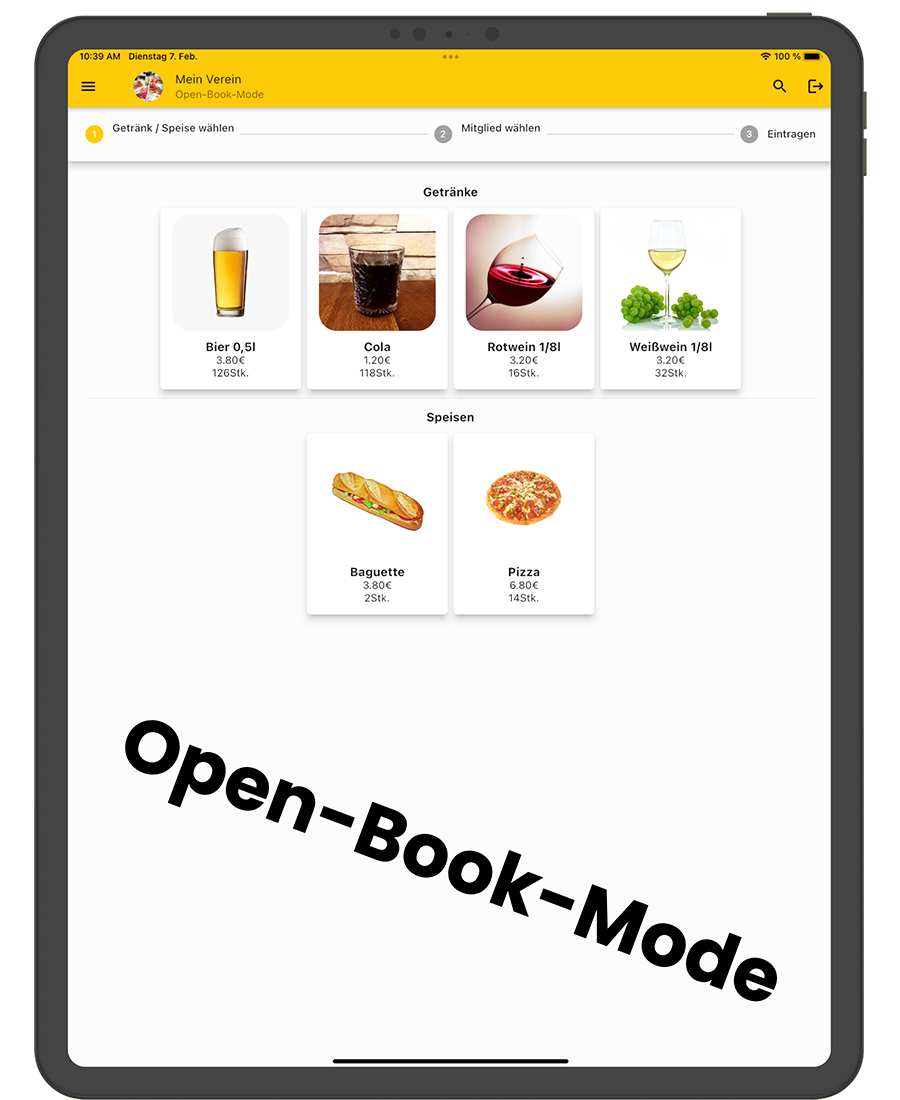 Kassen App Open-Book-Mode Getränke
