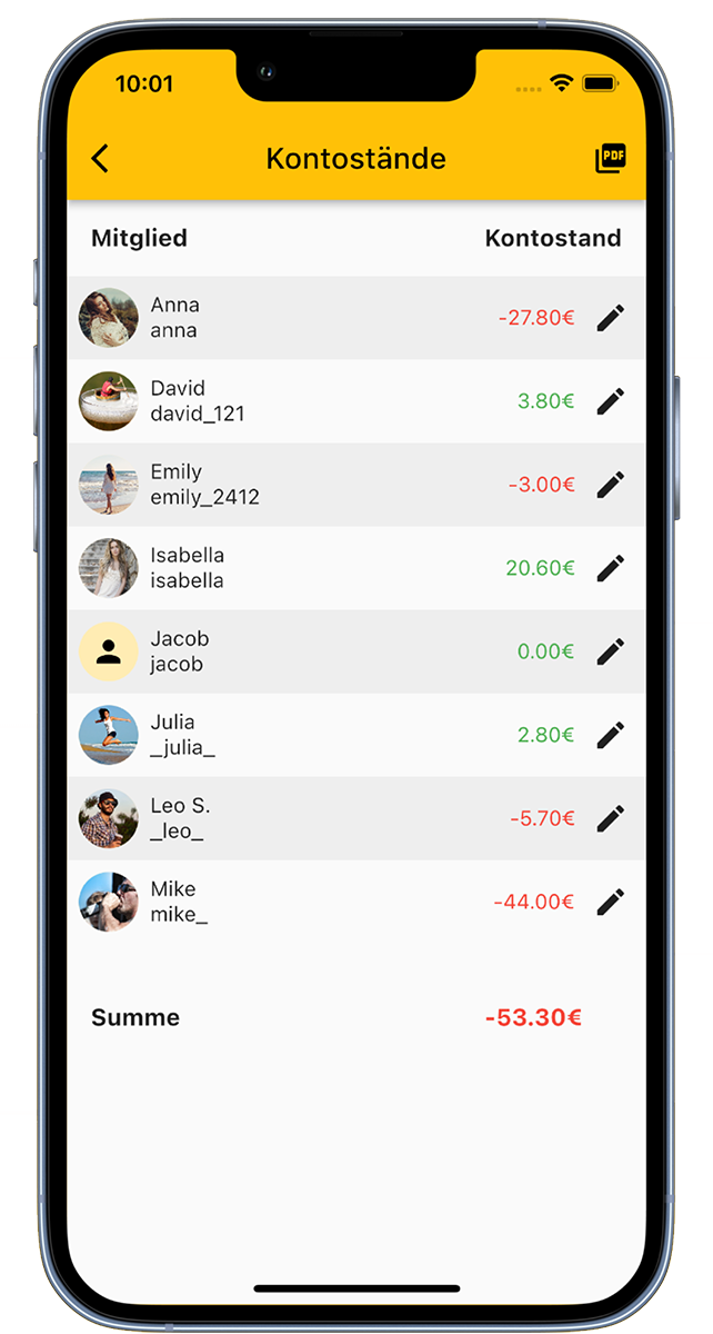 Kontostände Strichliste App