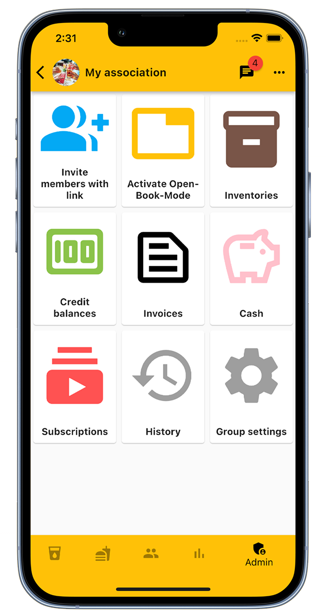 Area amministrativa dell'app contatore di vino